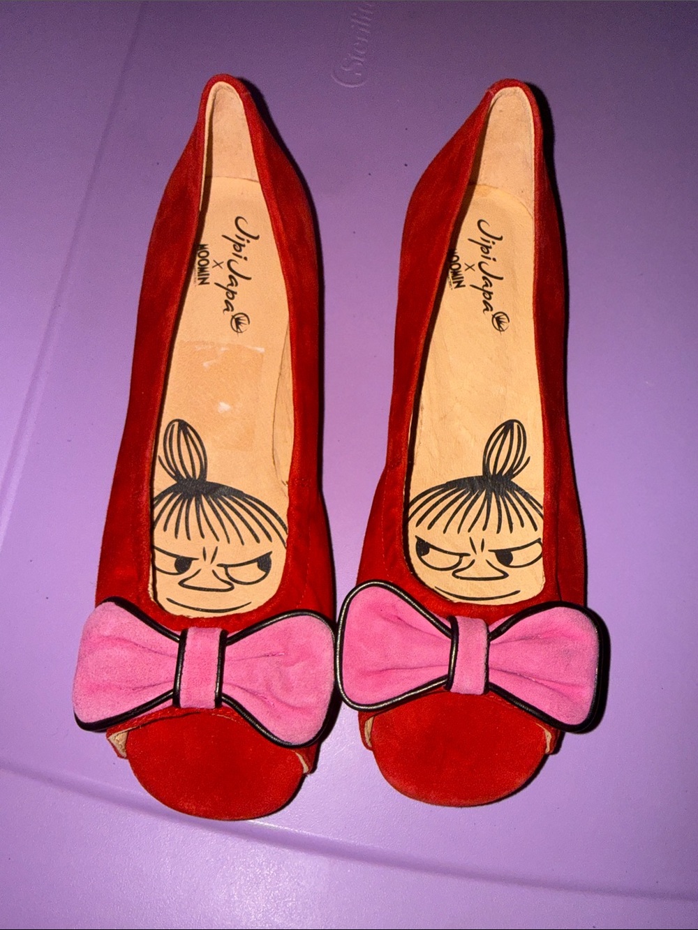 Moomin Red Suede Flats with Pink Bow - Women's Loafers